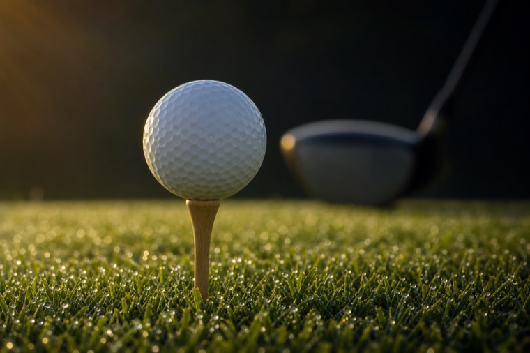 Pallina da golf su un tee di legno nell'erba coperta di rugiada all'alba